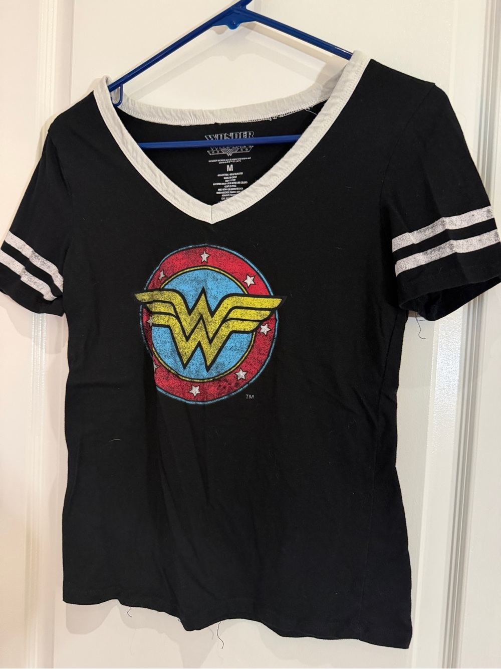 DC Comics Wonder Woman V-Neck Tee in Black with Red, Blue & Yellow Logo